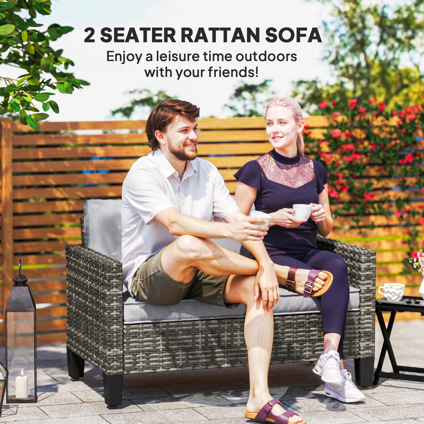 Outsunny Two Seater Rattan Outdoor Sofa Dark Grey With Thick Cushions And Adjustable Feet
