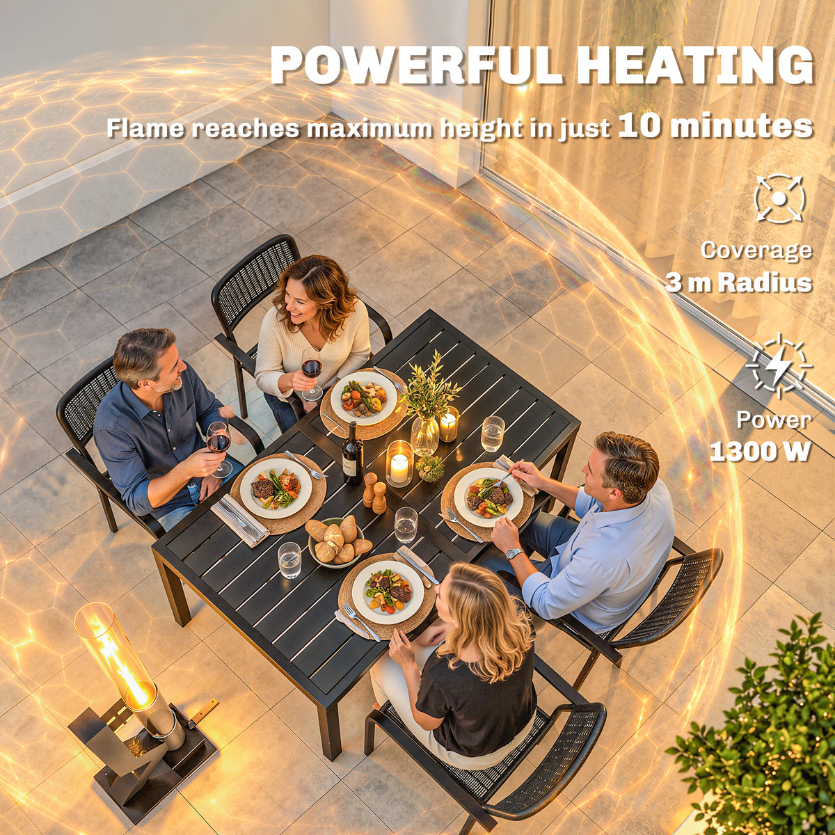 Black pellet patio heater warming an outdoor dining table with glowing glass flame tube