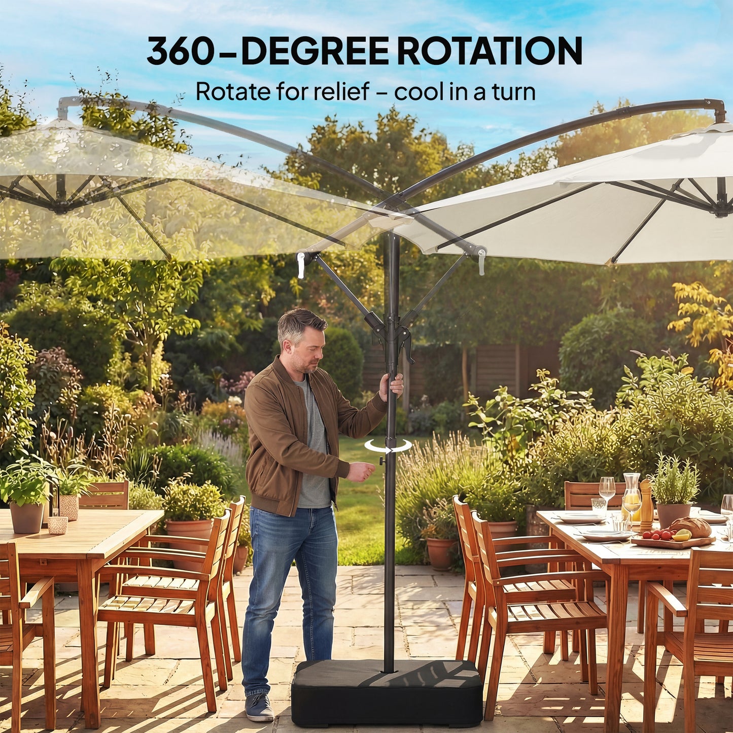 Outsunny 3m Cantilever Parasol With Cross Base And Sandbag 360 Degree Rotating Overhanging Arm Cream White