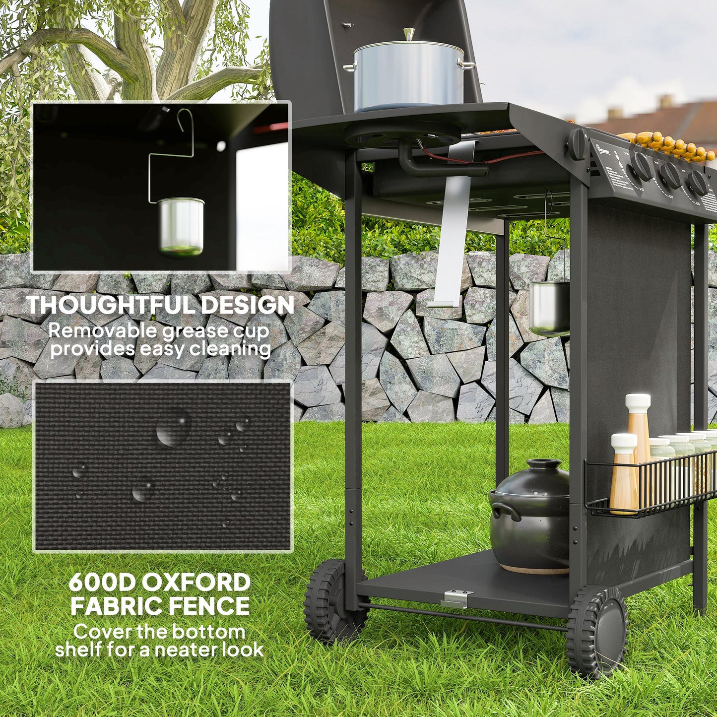 Outsunny Four Burner Gas Grill BBQ With Side Burner Warming Rack 1776 Cm2 Grilling Area Black