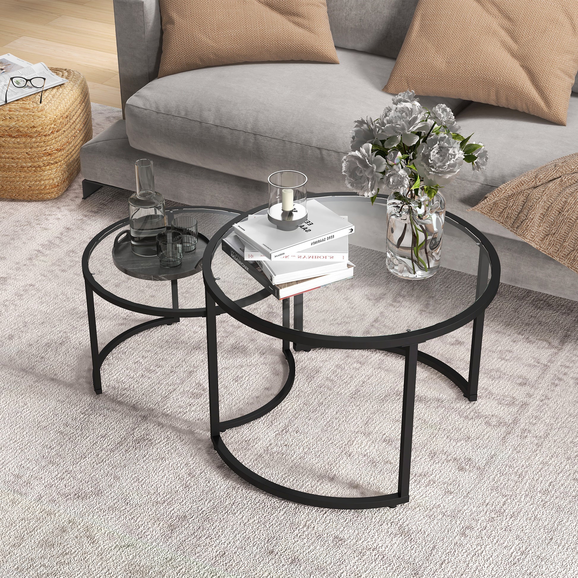 HOMCOM Modern Black Nesting Glass Coffee Tables Set of 2 with Steel Frame for Living Room - ALL4U RETAILER LTD