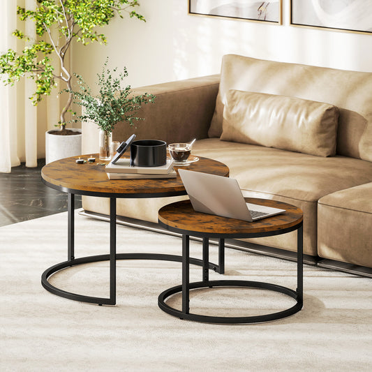 HOMCOM Set of Two Wood Effect Stacking Tables Rustic Brown Small and Large Overlapping Side Tables for Space Saving