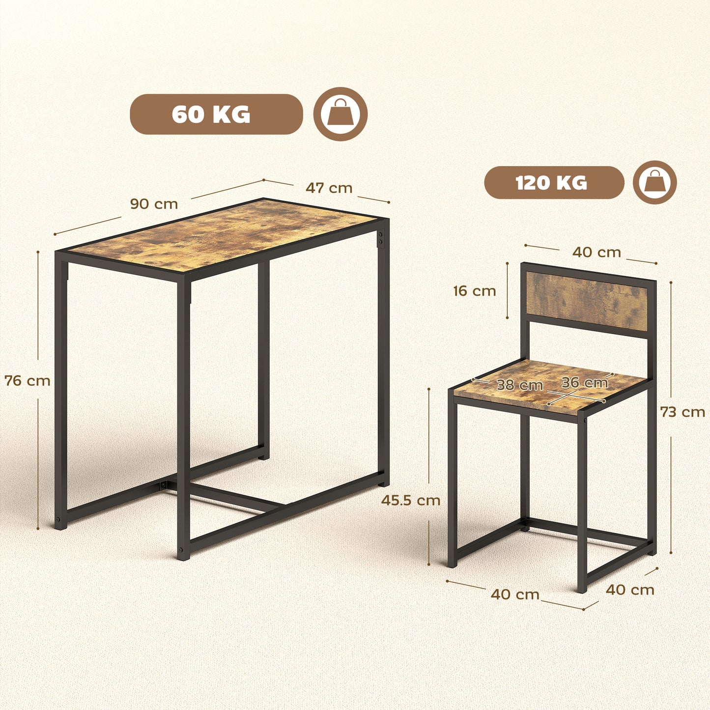 HOMCOM 3 Piece Table And Stool Set Rustic Brown For Kitchen Dining With Steel Frame And Chestnut MDF Panels