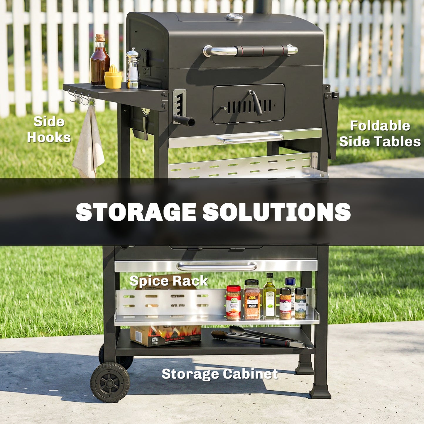 Outsunny Charcoal BBQ Grill Smoker With Electric Rotisserie Kit Portable Barbecue Grill Warming Rack Black
