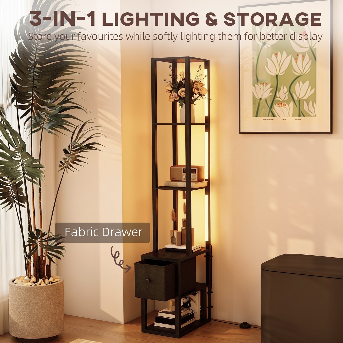 HOMCOM Floor Lamp With Shelves LED Column Modern Standing Lamp With Fabric Drawer And Foot Switch For Living Room Black