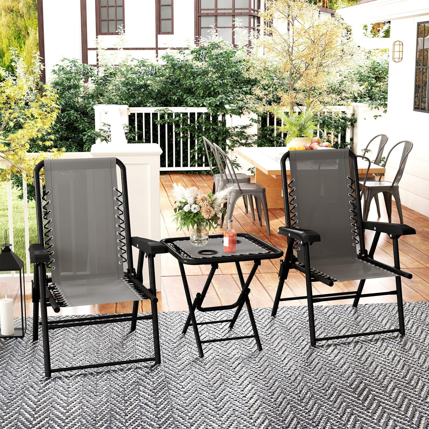 Outsunny Three Piece Garden Table And Two Armchairs Set In Dark Grey With Textiline