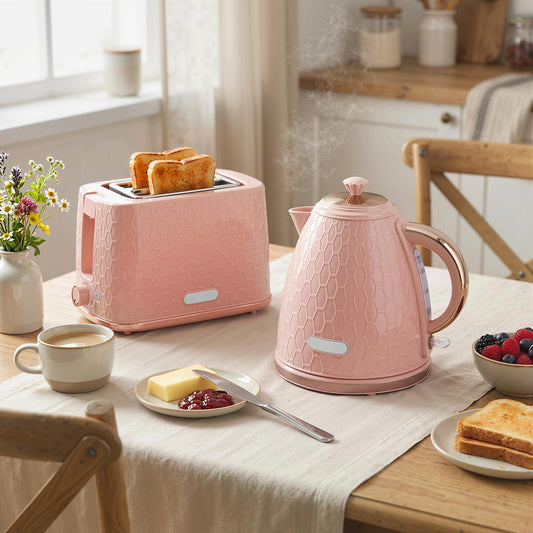 HOMCOM 1.7L 3000W Fast Boil Kettle And 2 Slice Toaster Set With Auto Shut Off Browning Controls Honeycomb Light Pink
