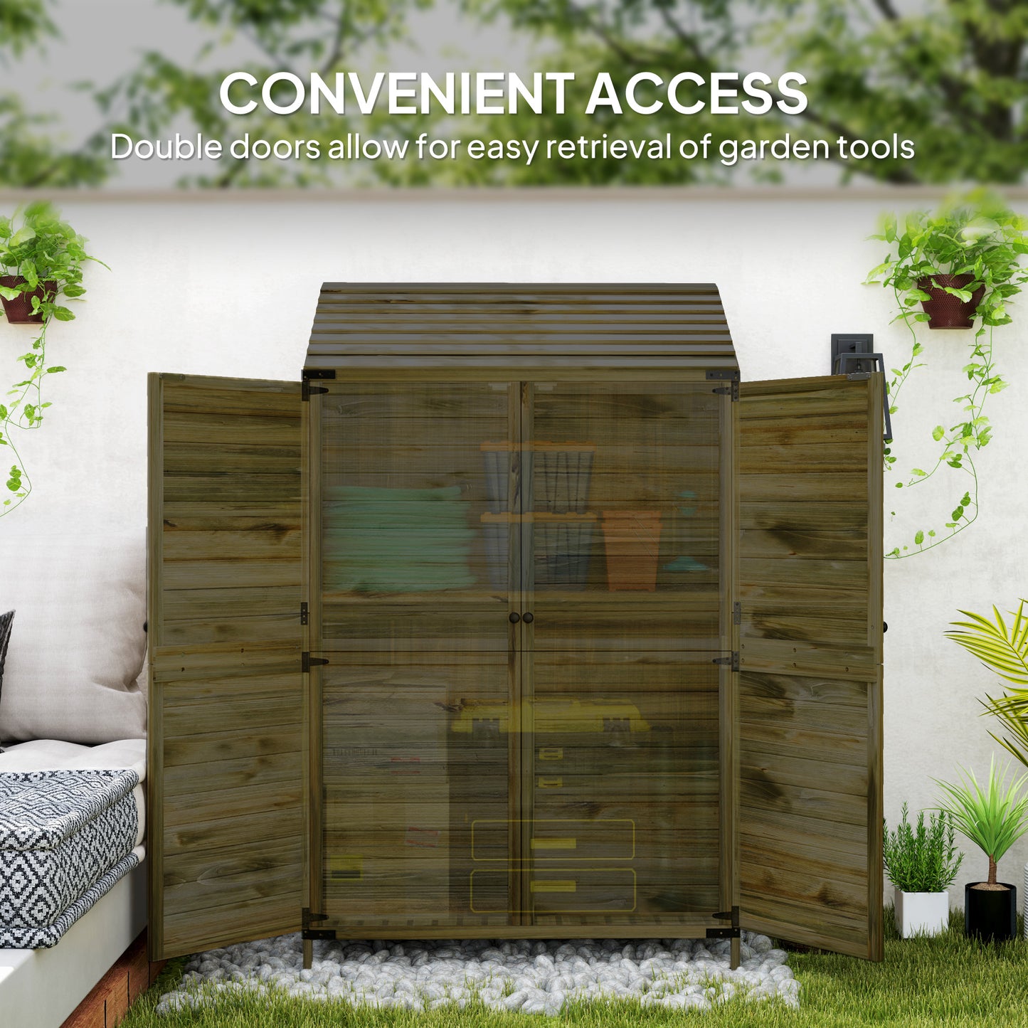 Outsunny Wooden Garden Shed 103.5 X 59 Cm Brown For Tools And Boots With Upper And Lower Shelves
