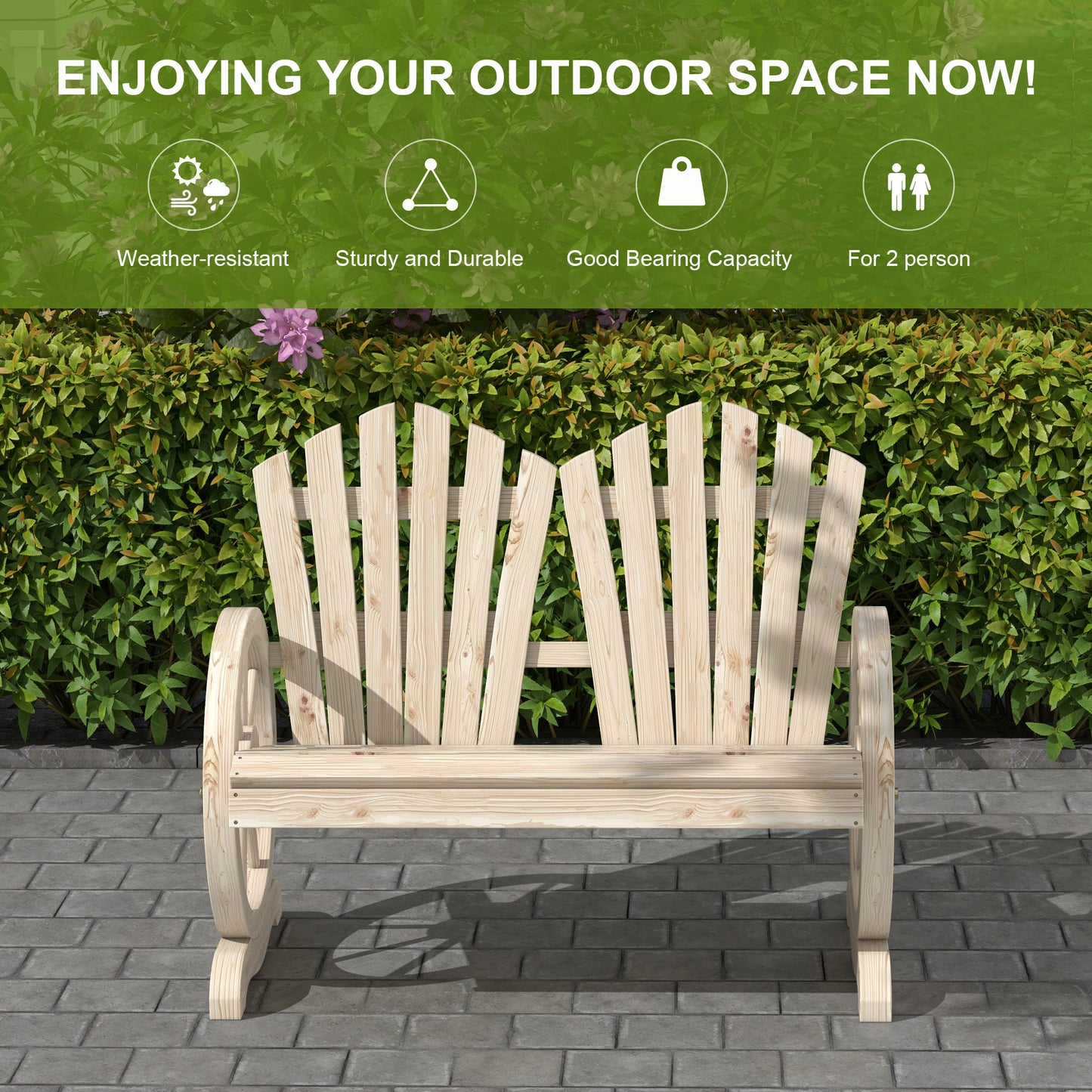 Outsunny Fir Wood Love Seat With Wheel Shaped Armrests Outdoor Patio Chair For Two People Natural Wood Finish