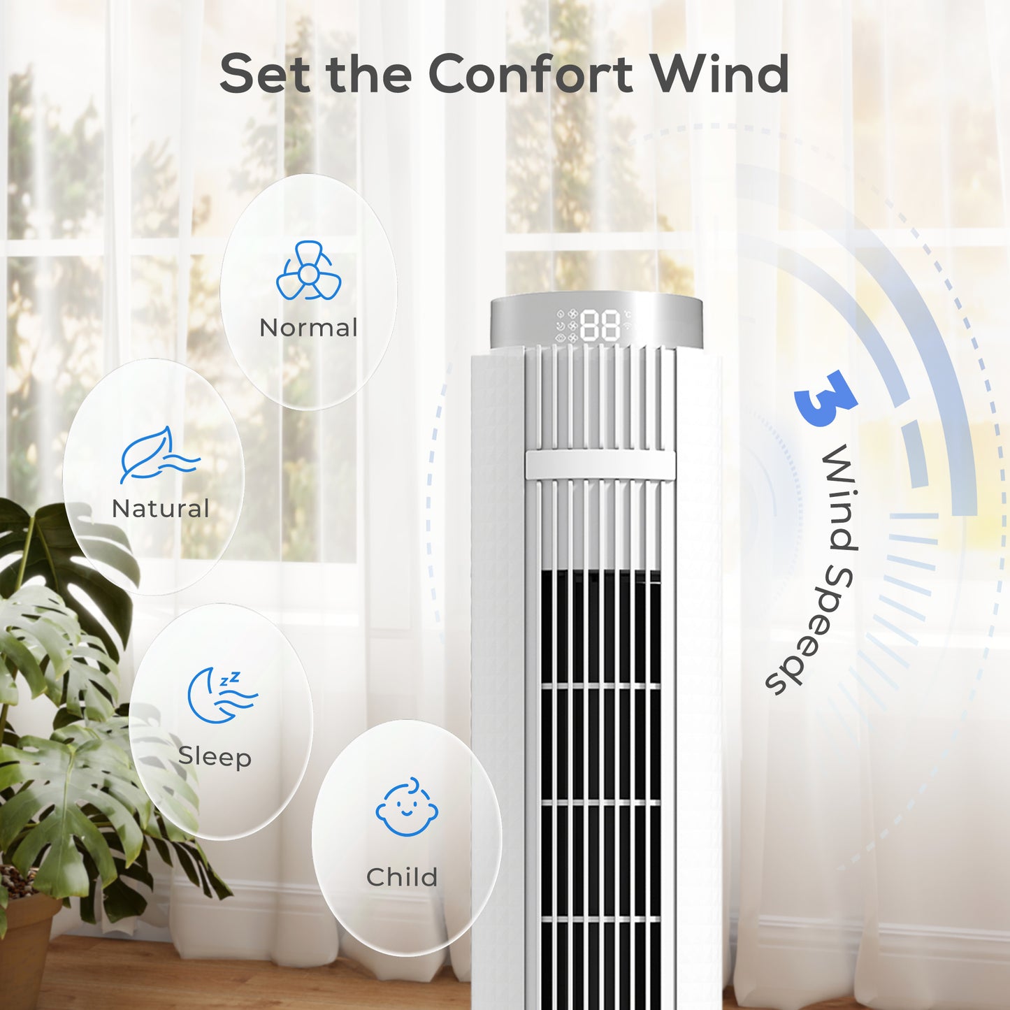 Homcom 96 Cm Tower Fan With Wifi App Control Quiet Standing Floor Fan 3 Speeds 4 Modes 12 Hour Timer Night Light White