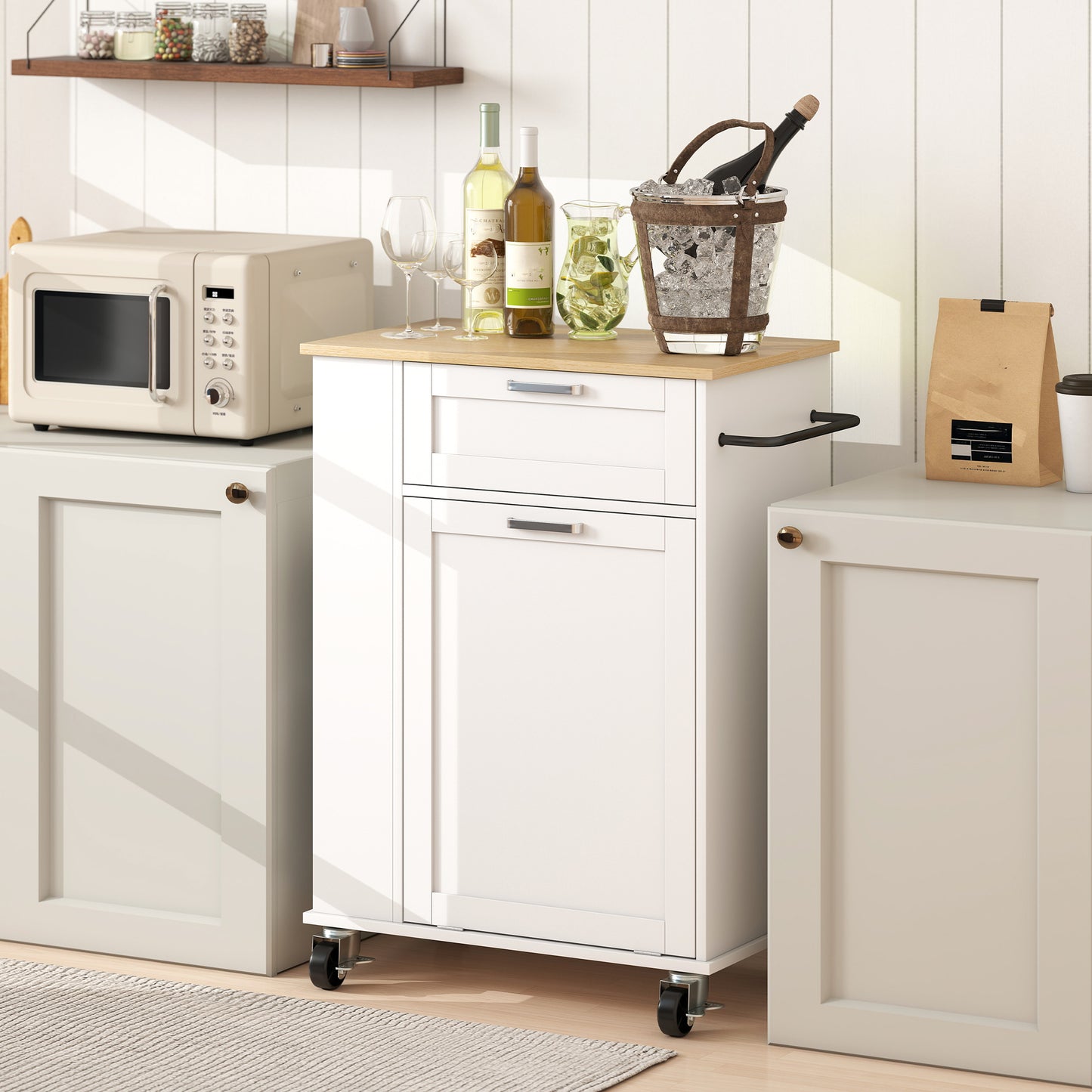HOMCOM Kitchen Storage Trolley On Wheels Rolling Kitchen Island With 2 Drawers Tilt Out Rubbish Cabinet Storage White