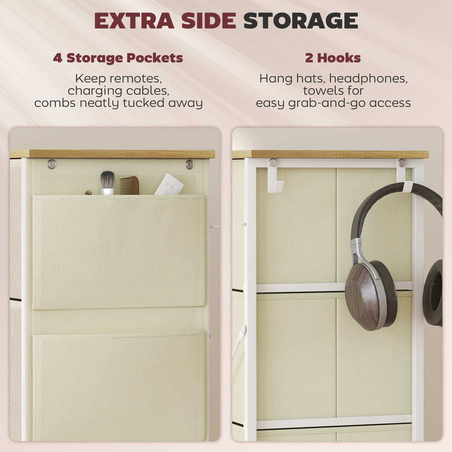 HOMCOM Chest Of Eight Fabric Drawers Beige With Steel X Frame And Four Side Pockets And Two Hooks