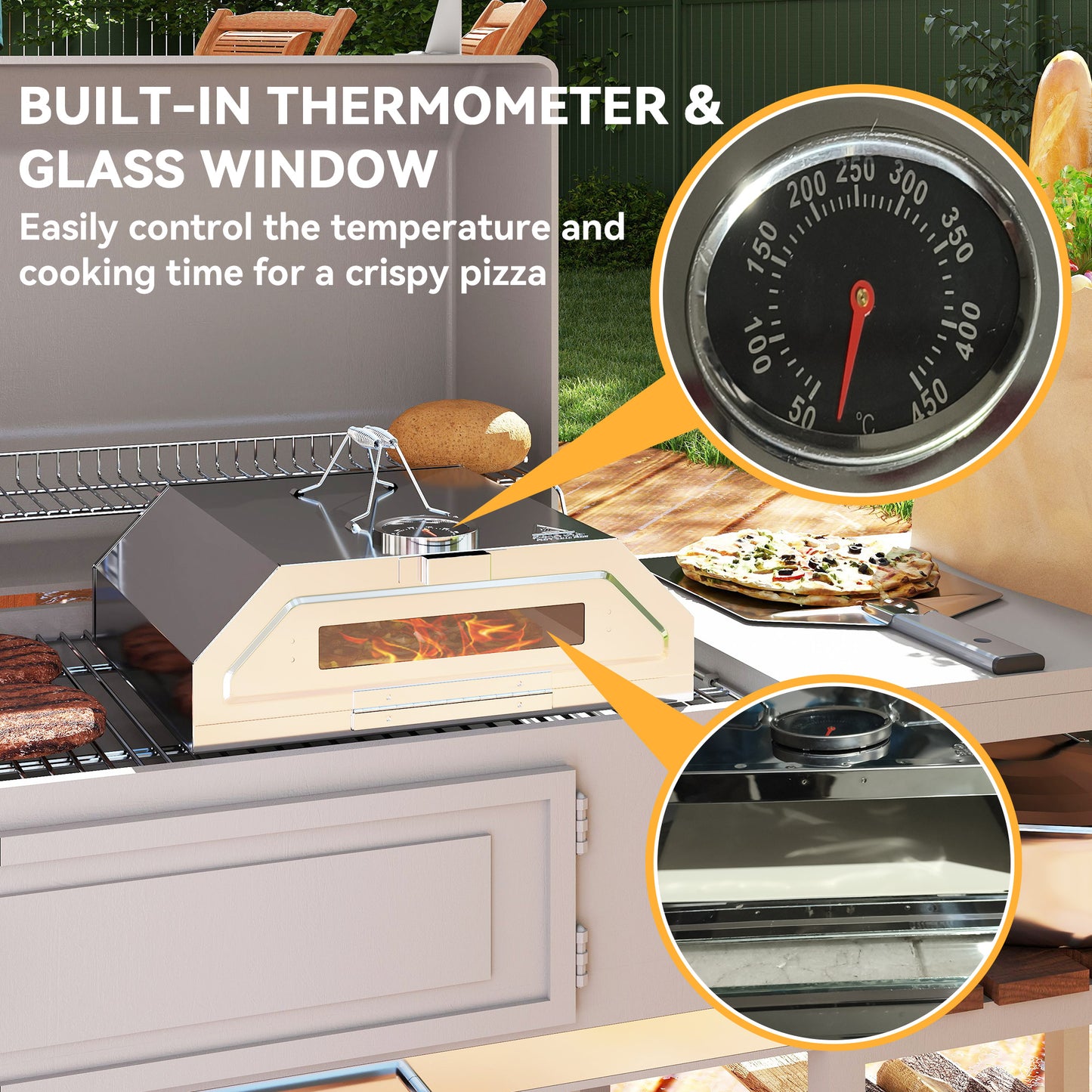 Outsunny 8 Inch Portable Stainless Steel BBQ Grill Top Pizza Oven With Built In Thermometer And Viewing Window