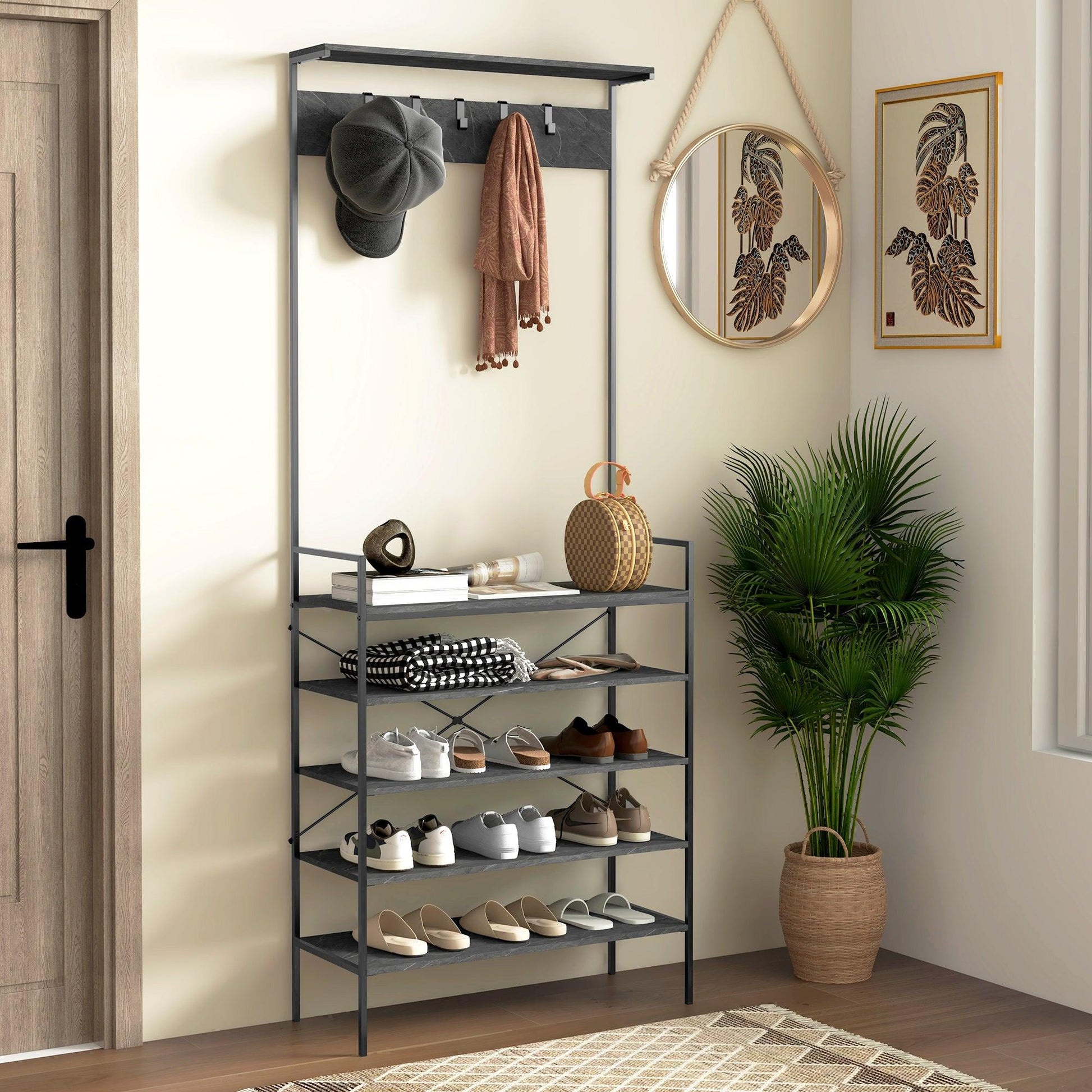 HOMCOM Coat Rack, Coat Stand with Shoe Storage, 5 Hooks for Hallway Grey Marbled - ALL4U RETAILER LTD