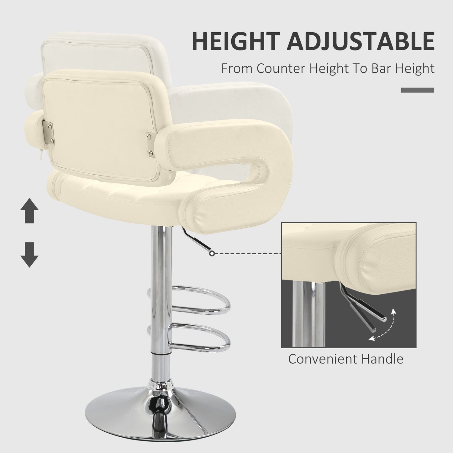 Upholstered Swivel Bar Stool Set of 2 Height Adjustable Back Armrest Footrest Chrome Base PU Upholstery White