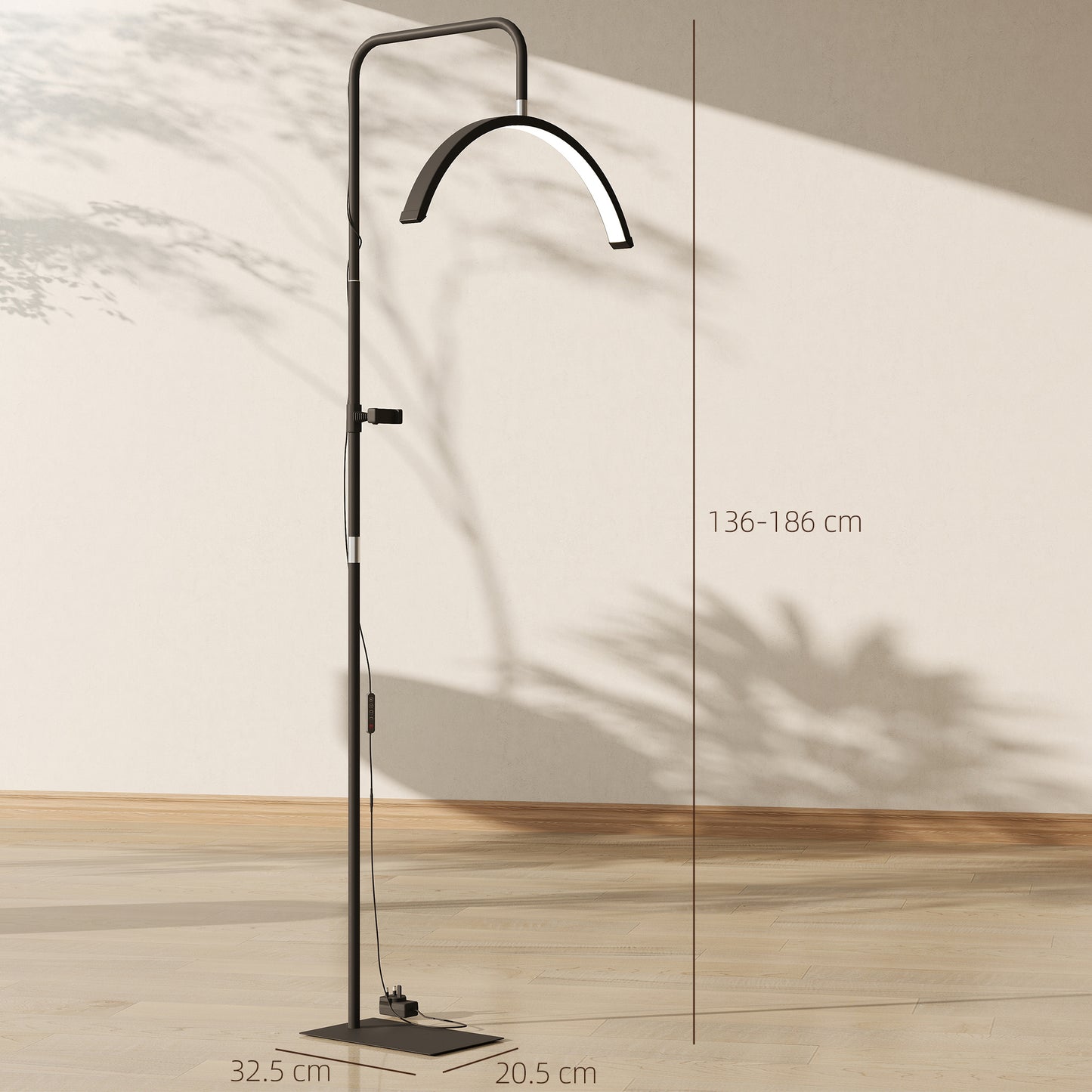 HOMCOM Half Moon Lash Light Floor Lamp With 350 Degree Rotatable Head 7 Color Temperatures Dimmable Phone Holder Black
