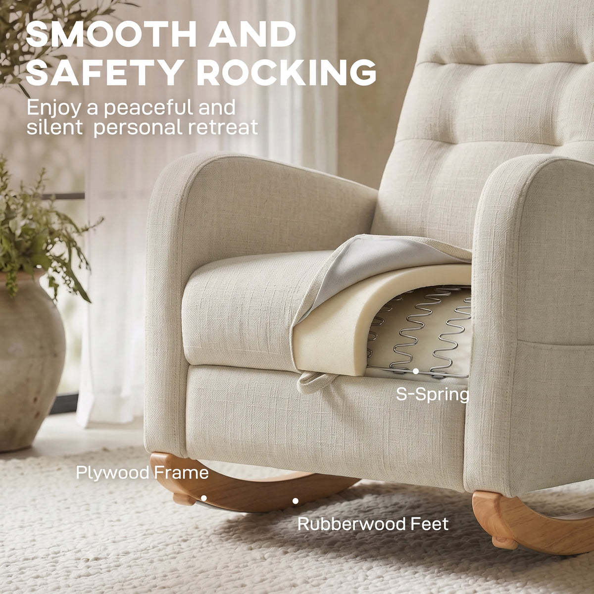 Close-up of light beige armrest and rocking base with rubberwood feet