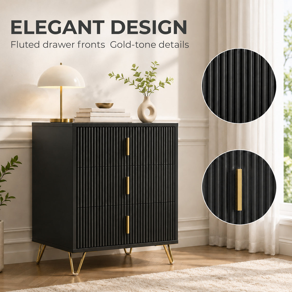 Homcom Modern Fluted 3 Drawer Dresser With Metal Legs For Bedroom Black