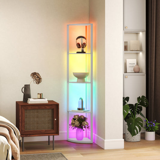 HOMCOM RGB LED Floor Lamp With Shelves 5 Tier Dimmable Standing Lamp Remote Control For Living Room Bedroom Office Grey