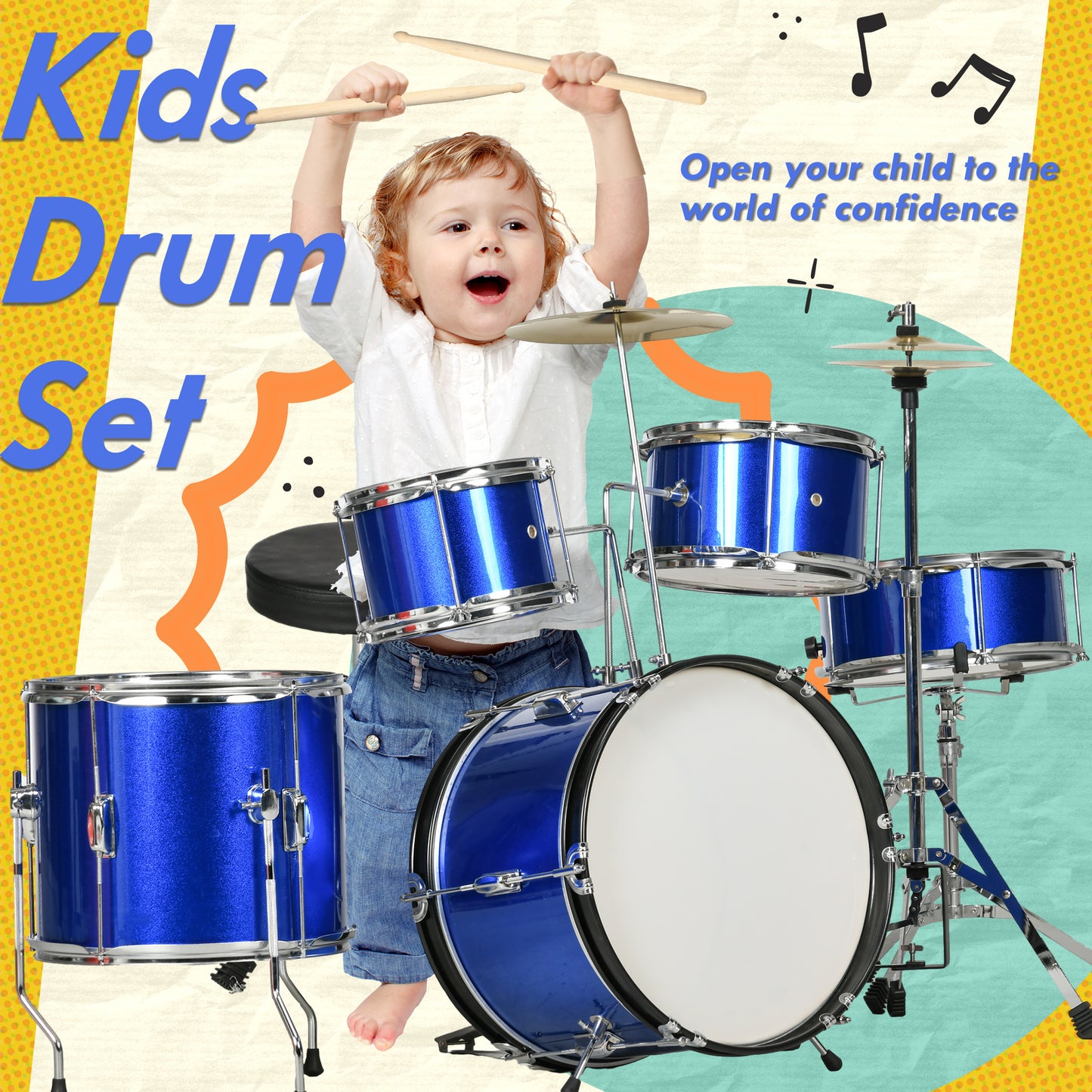 AIYAPLAY 11-Piece Children’s Drum Set with Adjustable Stool, Drumsticks, Pedal, and Cymbals - Perfect for Ages 3-6, Blue - ALL4U RETAILER LTD