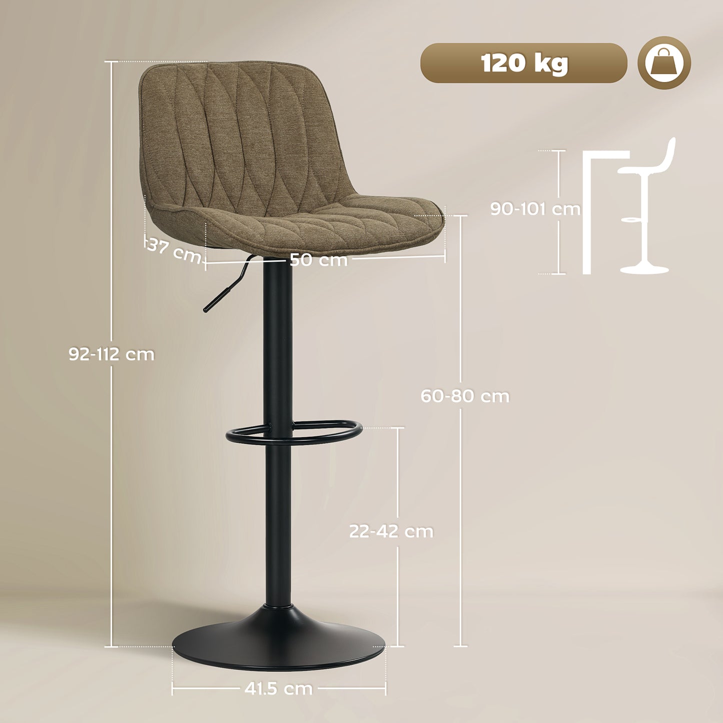 HOMCOM Set of Two Linen-Look Bar Stools Brown With Padded Seats And Adjustable Height 60-80 cm 360 Degree Swivel