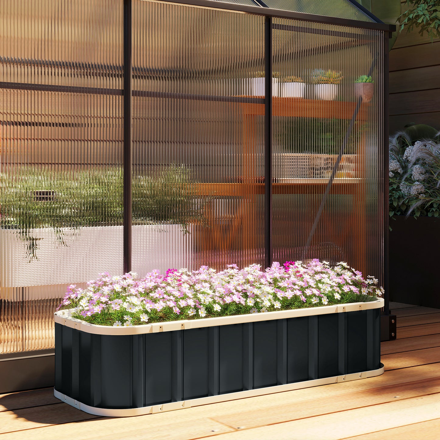Outsunny Galvanised Raised Garden Bed Steel Planter Open Bottom Design With Folded Edges And Gloves Dark Grey