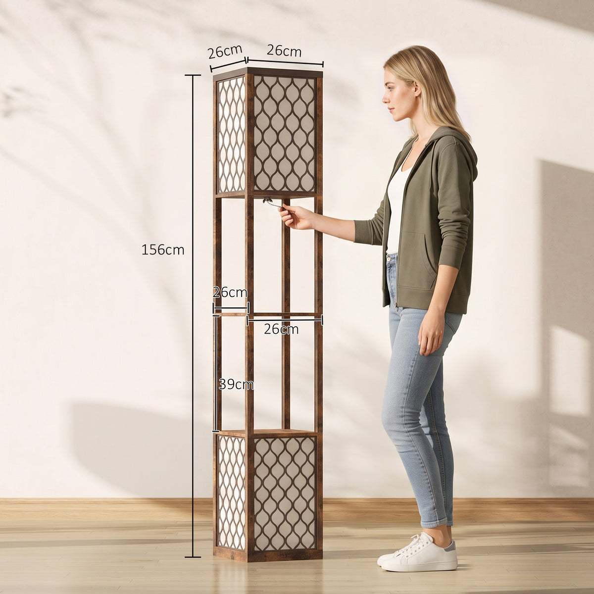 Tall rustic brown floor lamp with dual mesh-shaded lights and slim storage shelves, shown in use.