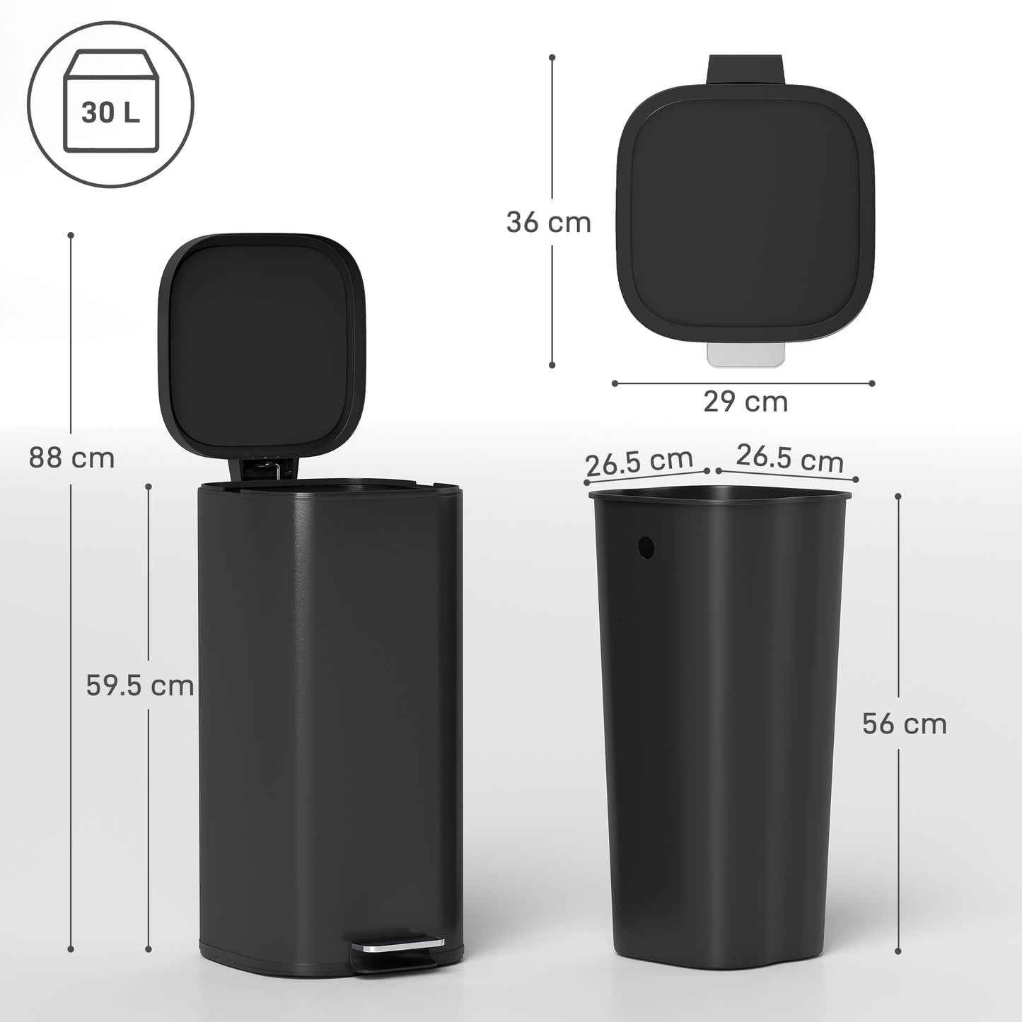 HOMCOM 30L Kitchen Bin with Pedal Soft Close Stay Open Lid Removable Inner Bucket Black
