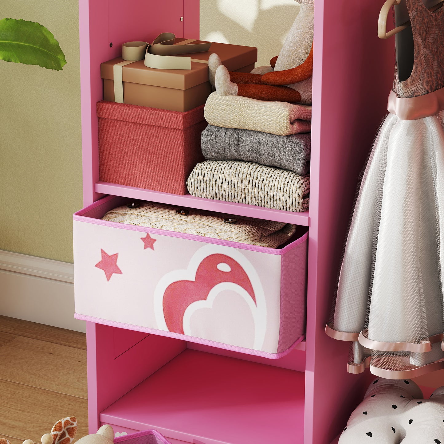 AIYAPLAY Kids Clothes Rail Wardrobe With Mirror Shelves Top Shelf Two Storage Boxes Hooks For Bedroom Nursery Pink