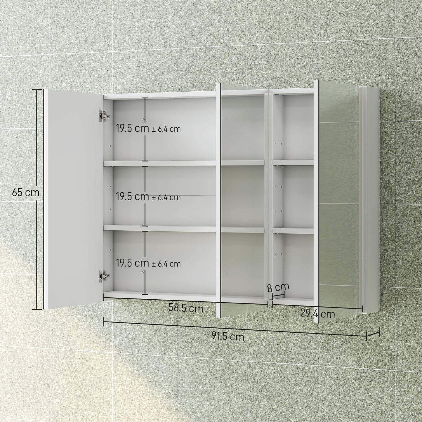 HOMCOM White Three Mirror Doors Bathroom Wall Cabinet With Six Inner Shelves And Four Adjustable Shelves