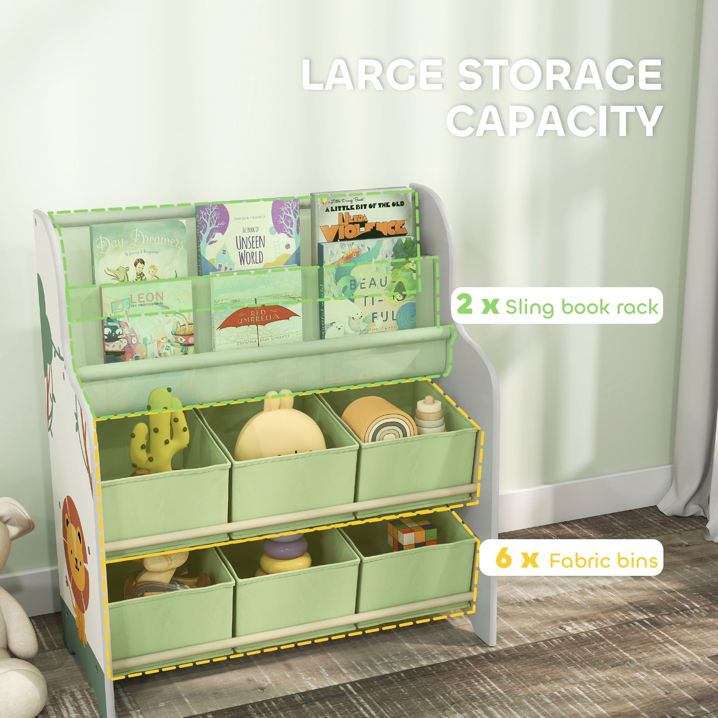 AIYAPLAY Kids Toy Storage Unit With 6 Fabric Drawers And 2 Tier Sling Book Rack For Bedroom Playroom Nursery Green