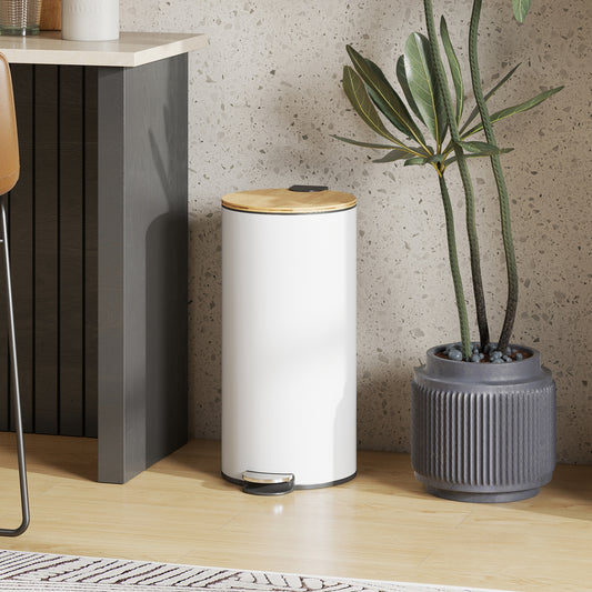 HOMCOM Kitchen Bin 30 Litre Pedal Bin With Removable Inner Bucket Soft Close Lid White And Natural
