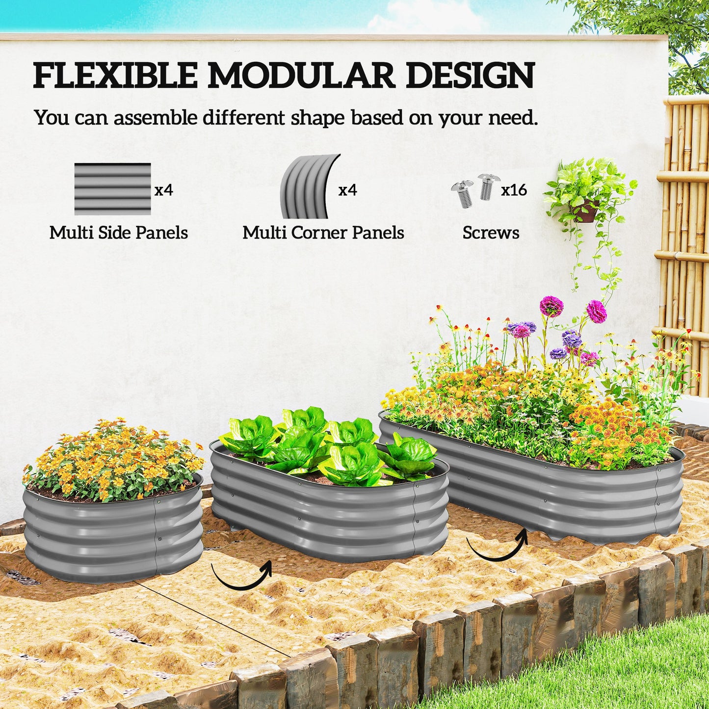 Outsunny Galvanised Raised Garden Bed Planter Box With Safety Edging For Flowers Herbs And Succulents Silver