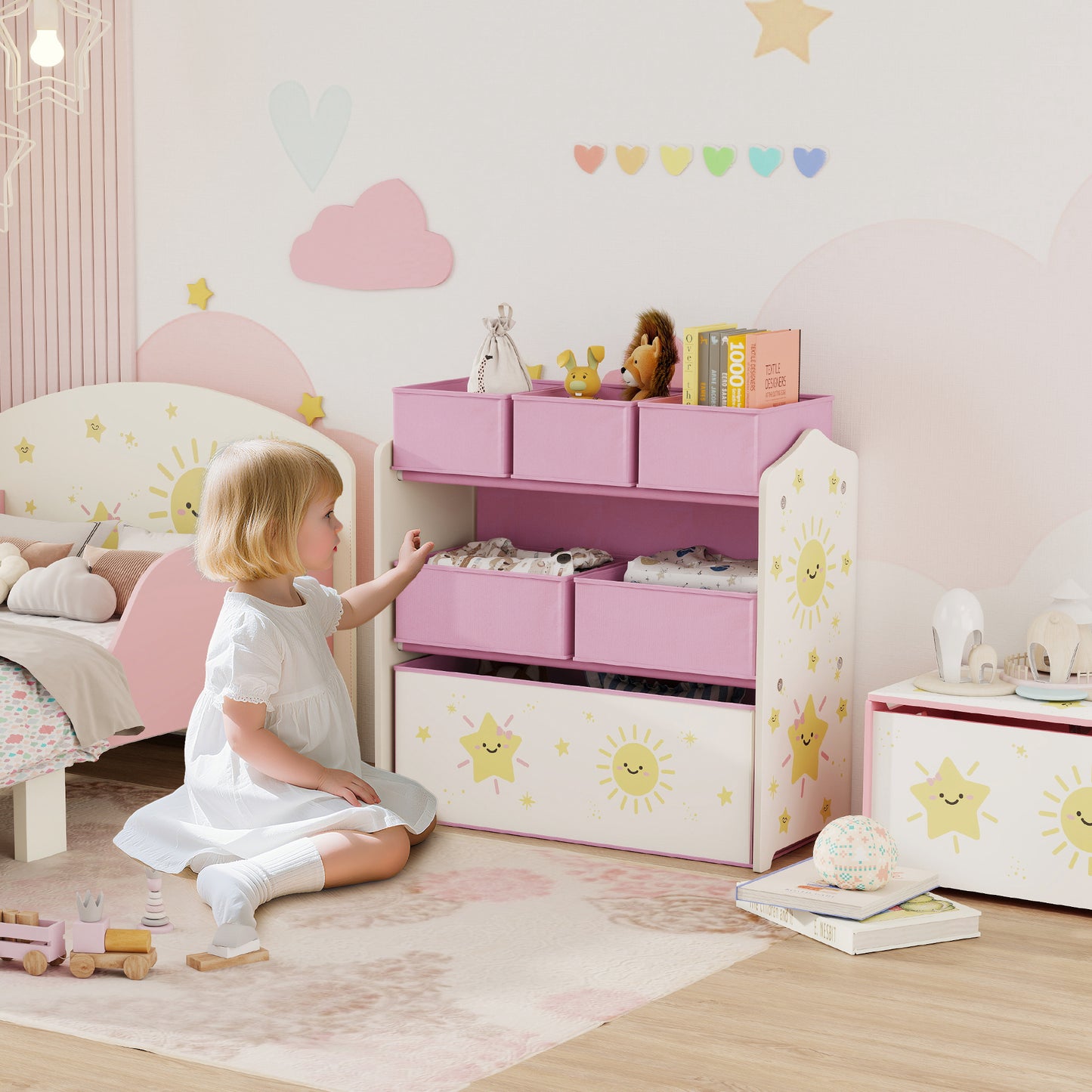 AIYAPLAY Kids Toy Storage Units 3 Tier Organiser Shelf With 6 Removable Boxes For Kids Bedroom Playroom Pink