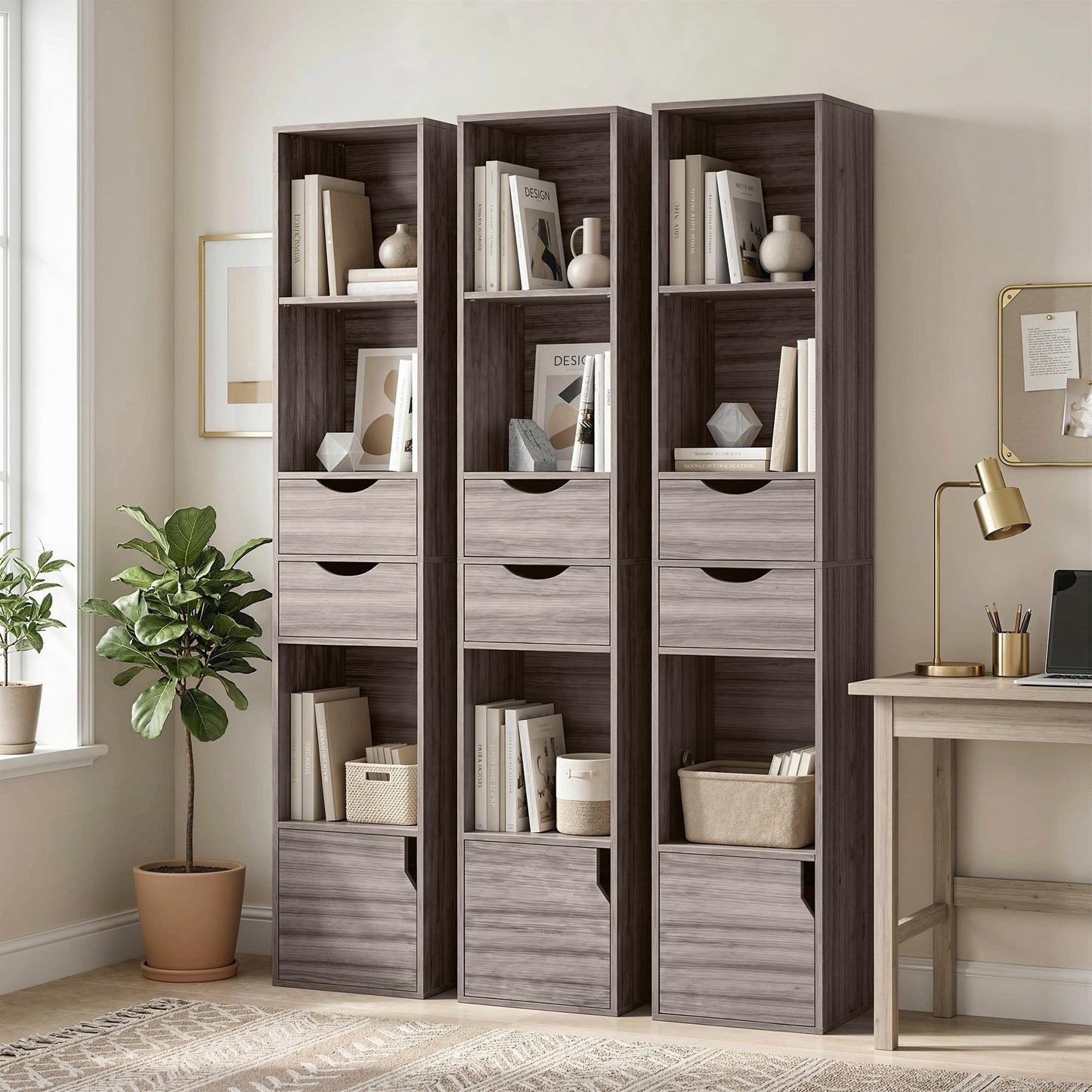 HOMCOM 158 Cm Grey Bookcase With Two Drawers And Cabinet Adjustable Shelves Open Storage For Living Room Or Office
