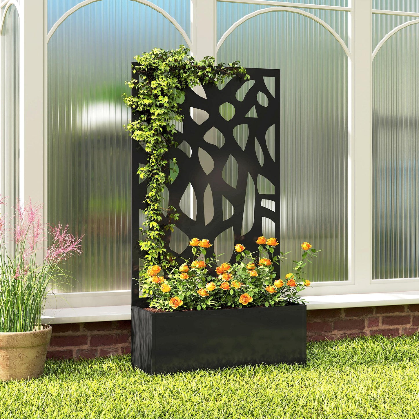 Outsunny Metal Raised Garden Bed With Trellis For Privacy Screen Outdoor Planter Box Elevated For Climbing Plants