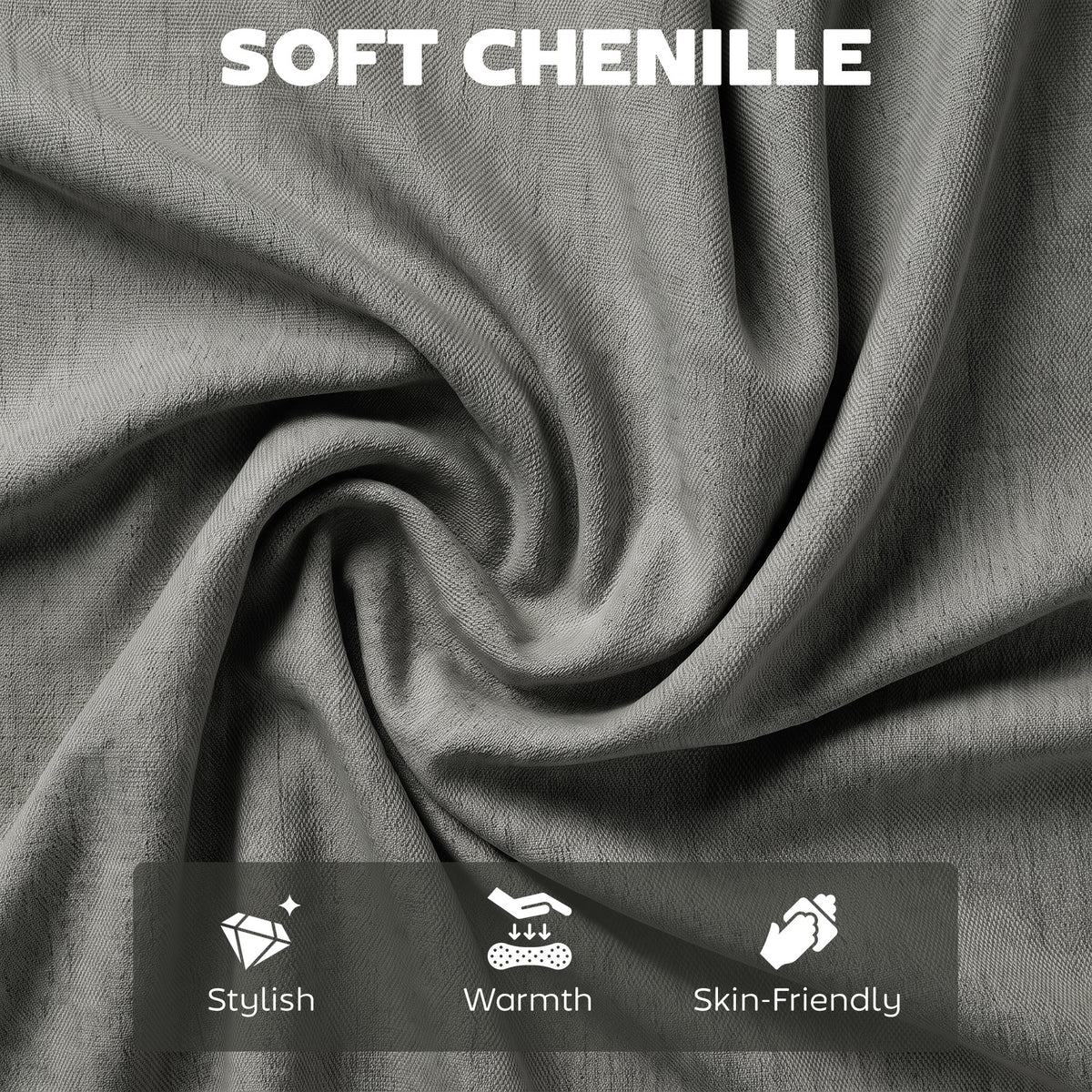 Grey chenille upholstery fabric with soft, textured woven surface