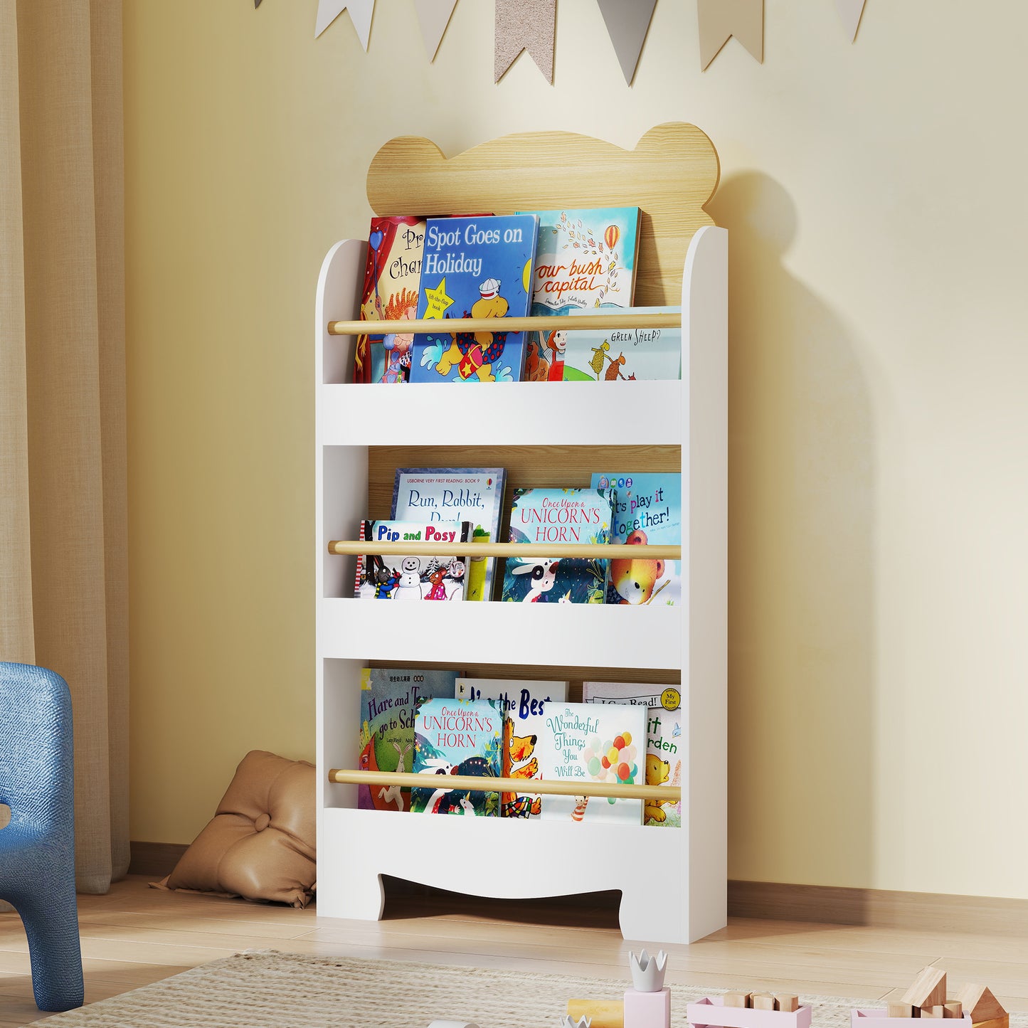 AIYAPLAY Bear Themed Kids Bookshelf 3 Tier White Space Saving Bookcase For Living Room Toddler