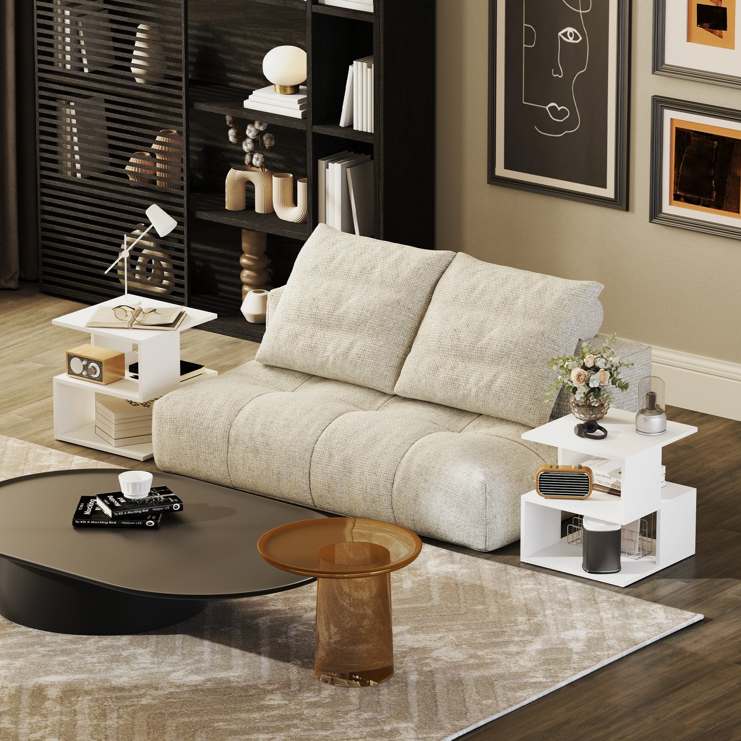 HOMCOM Set of 2 Side Tables Square End Tables Modern 2 Tier Storage Shelves for Living Room Bedroom White