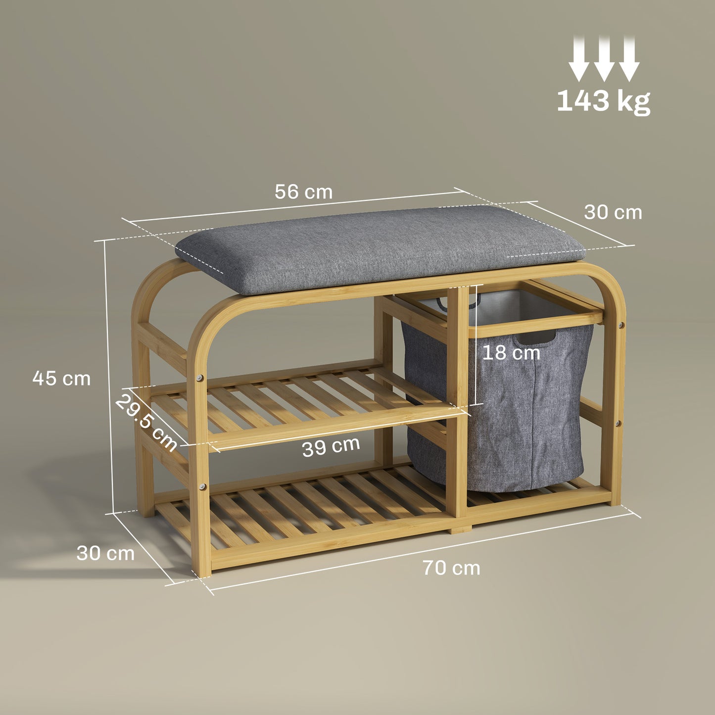 HOMCOM Bamboo Shoe Storage Bench With Cushioned Seat And Linen Fabric Upholstery Nature Wood Finish