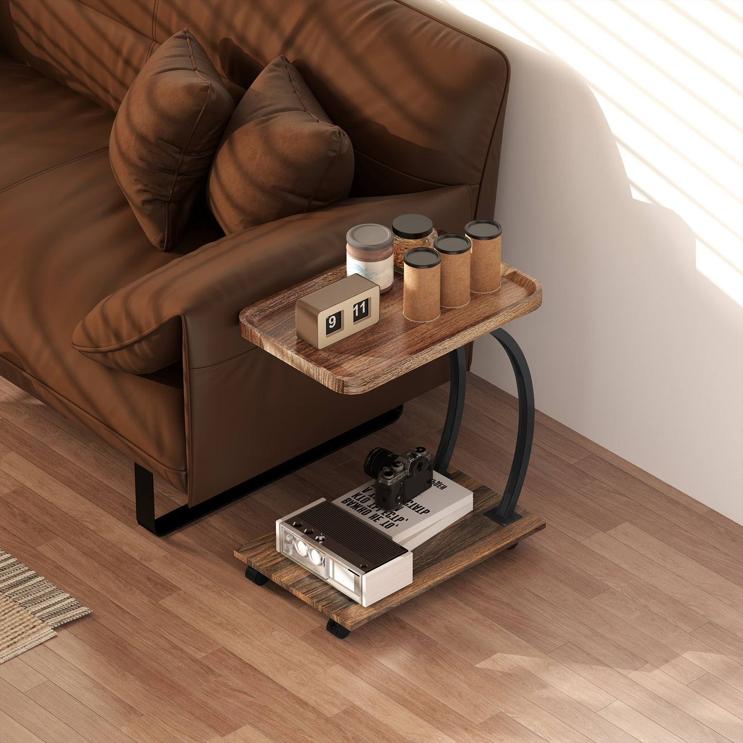 HOMCOM 2 Tier Mobile C Shaped Side Table Brown With Tray Top And Two Tier Storage