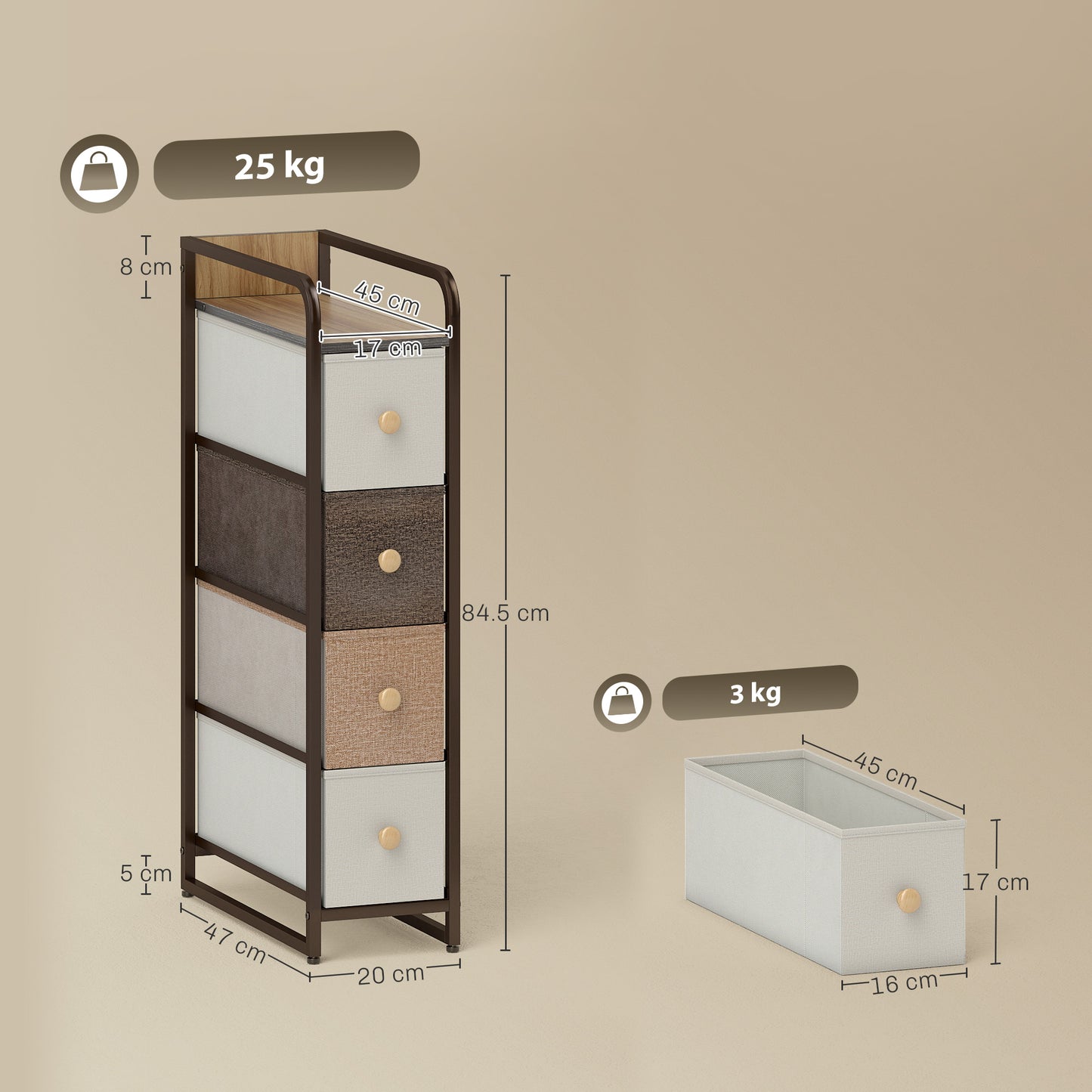 HOMCOM 4 Drawer Fabric Chest Of Drawers With Steel Frame Slim 20 Cm Wide Storage Organizer For Bedroom And Living Room