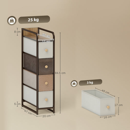 Slim 4-drawer fabric chest with steel frame, size view with 20 cm wide profile