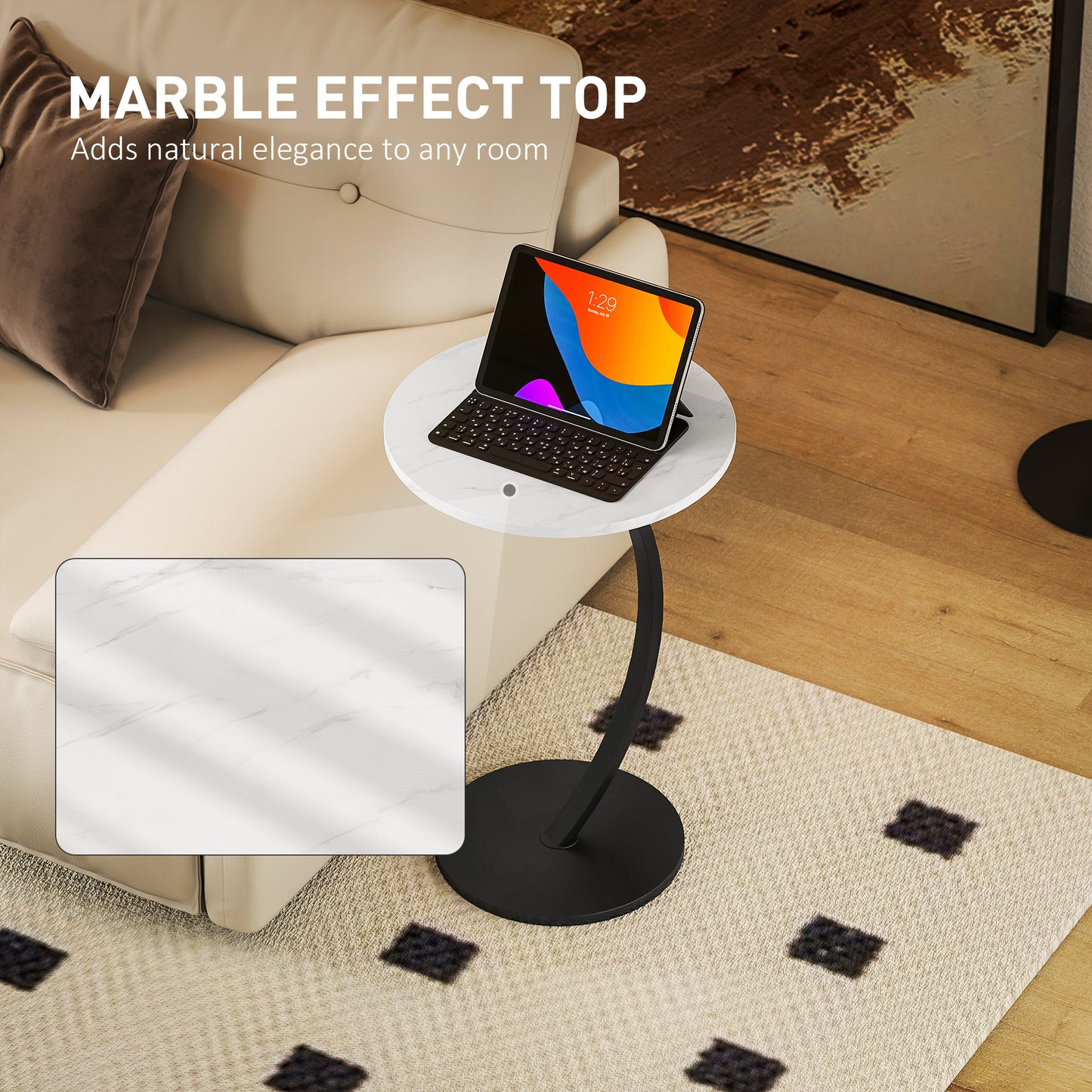 HOMCOM C Shaped Side Table Round Bedside Table With Marble Effect Top Modern Sofa End Table With Metal Frame White