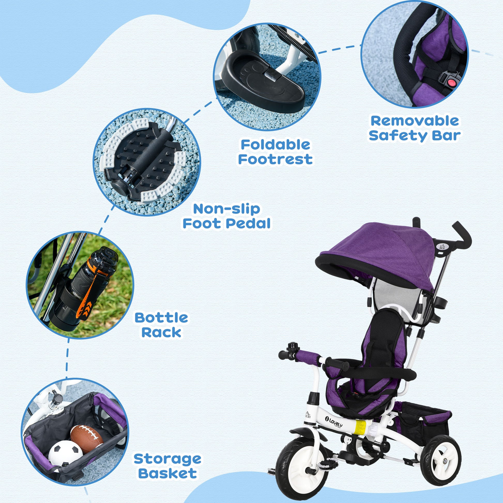 HOMCOM Transformable 4-in-1 Toddler Trike with Canopy, Push Handle, and Safety Features for Ages 1-5 - Purple - ALL4U RETAILER LTD