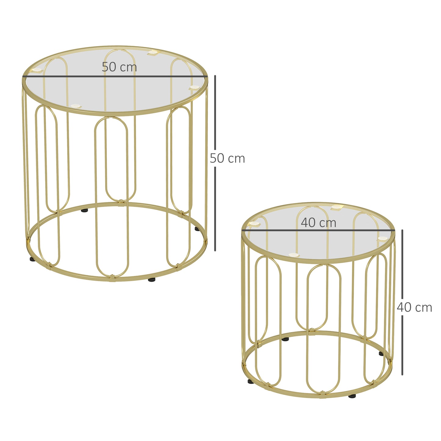HOMCOM Elliptical Cutout Nesting Tables Gold Tone Glass Top With Metal Ring Frame Two Piece Coffee Table Set