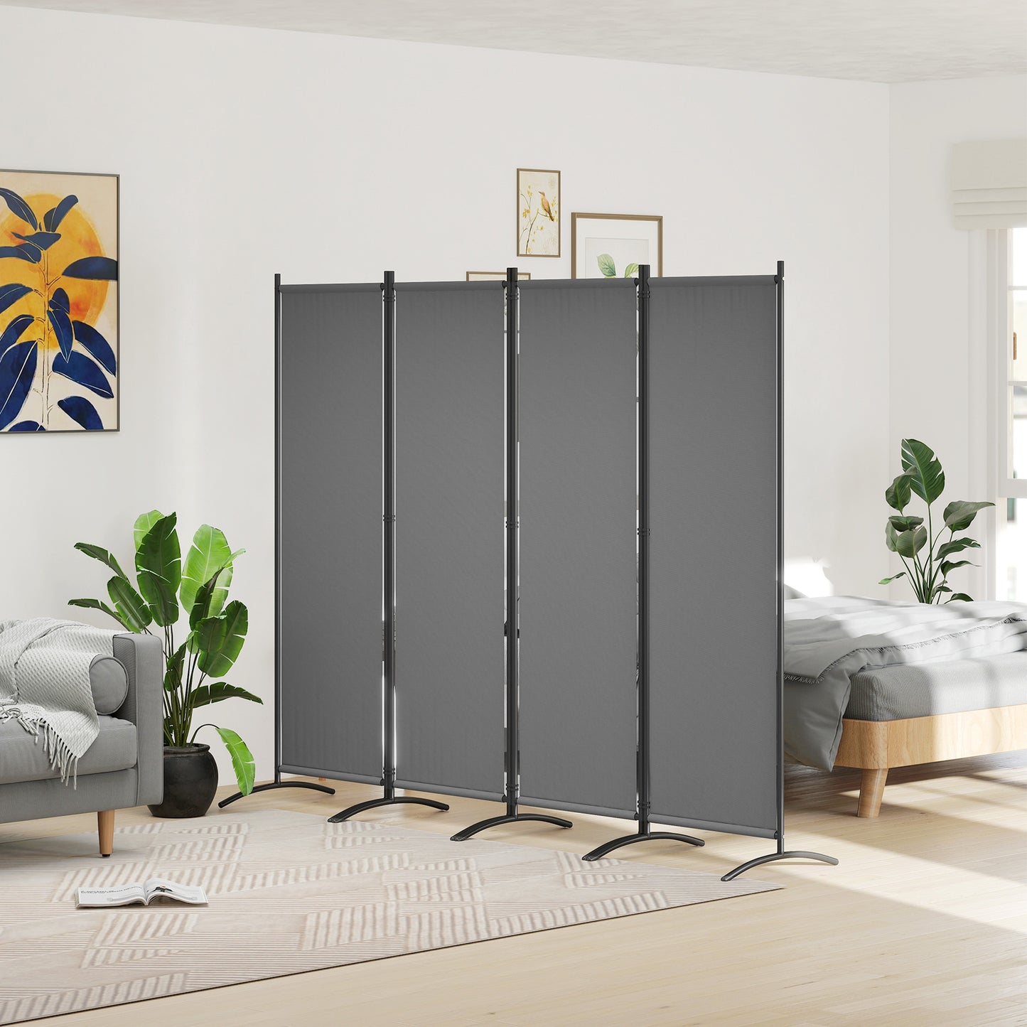 Outsunny 4 Panel Folding Room Divider 1.7m Privacy Screen Metal Partition For Office Living Bedroom Dining Dark Grey