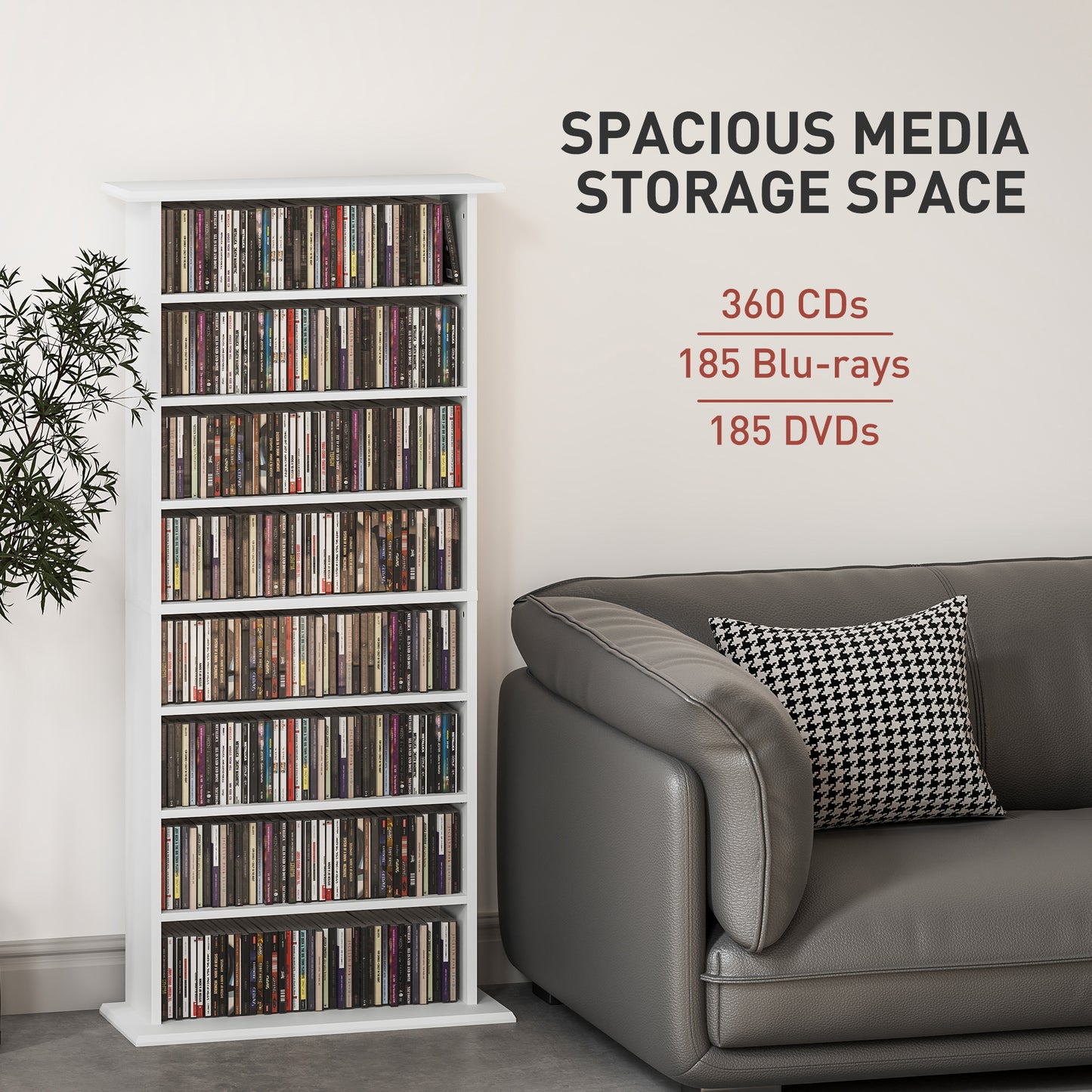 HOMCOM 360 CD Storage Unit White With 8 Shelves Holds 360 CDs Or 185 DVDs Blu Rays Anti Tip Straps For Wall Fixing