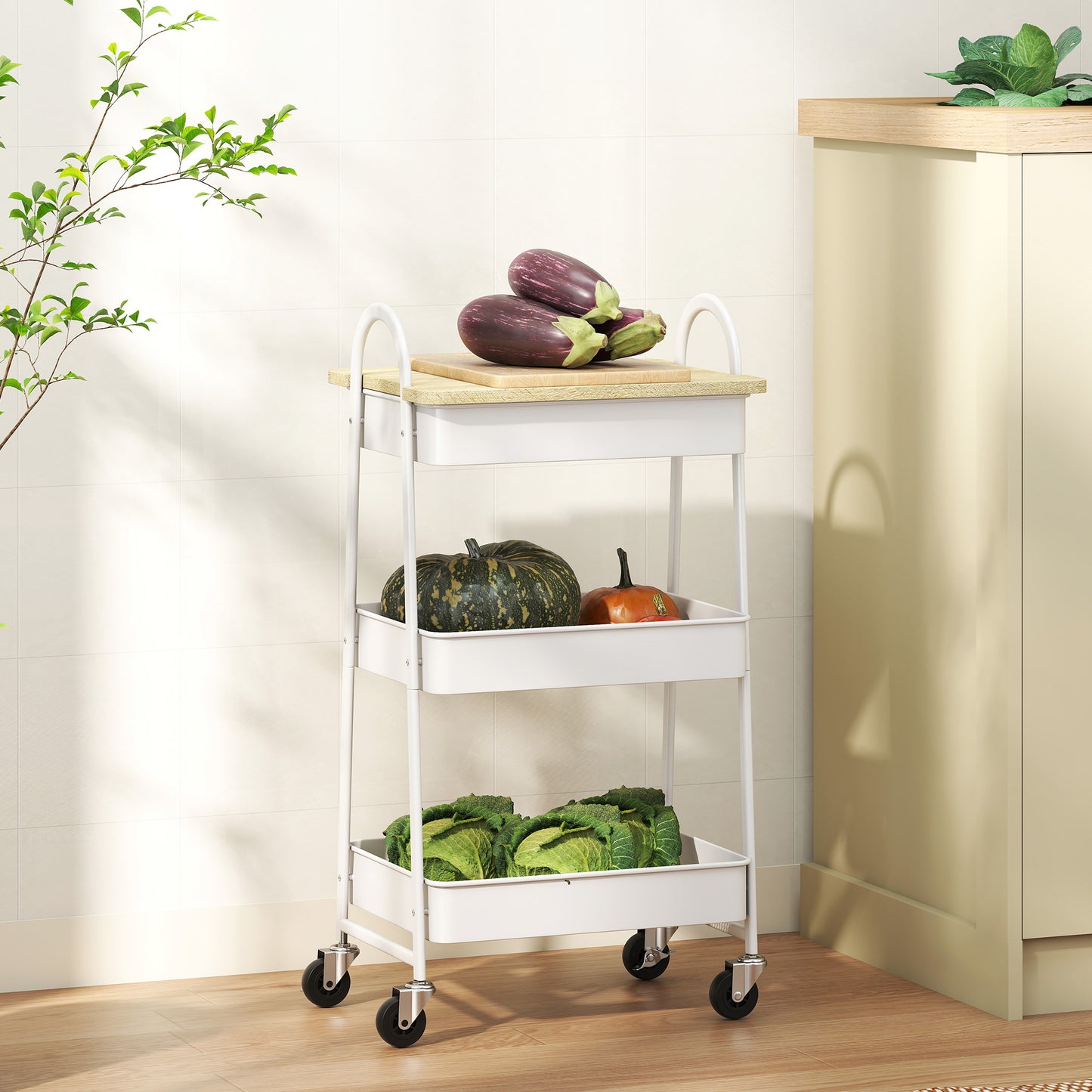 HOMCOM 3-Tier Kitchen Storage Trolley On Wheels With Cover Top Board White And Oak