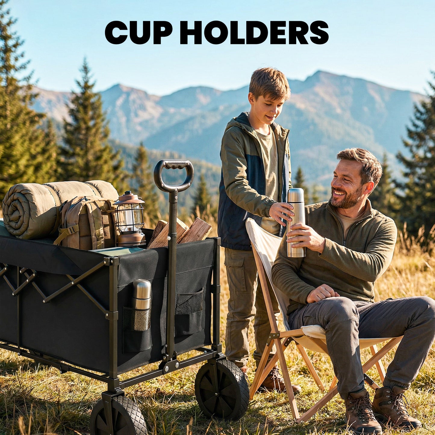 Outsunny 95L Foldable Festival Trolley on Wheels Collapsible Wagon Cart with Adjustable Handle and 2 Cup Holders Black
